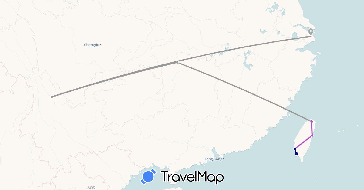 TravelMap itinerary: driving, plane, train in China, Taiwan (Asia)